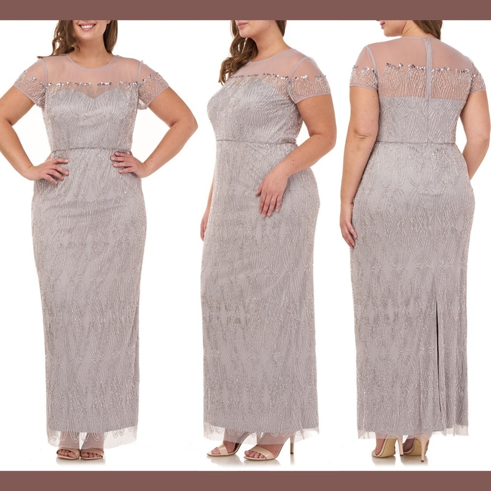 NEW $450 JS COLLECTIONS [ 16 ]  Illusion Yoke Beaded Column Gown In Silver #Q149